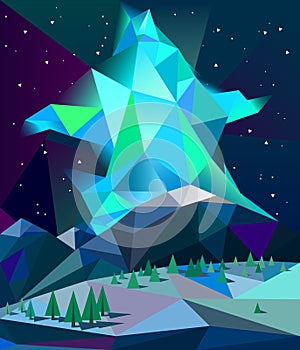Low poly northern lights over mountains in winter night vector photo