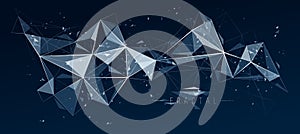 Low poly particles abstract vector background, polygonal fractal design, 3D dimensional element with connected lines, mesh object