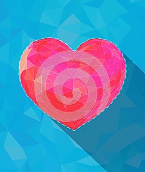Low poly pink heart on blue turquoise BG