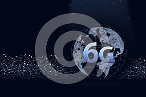 Low poly planet earth hologram with text 6G on dark blue background, global network and 6G network connection concept. 6G network