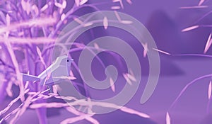 Low poly polygonal bird sitting on a branch purple tree in fairy forest