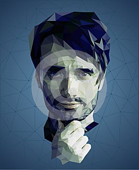 Low poly portrait of a man, reflective meditative face, blue colors, vector