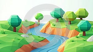Low Poly River Landscape with Green Trees