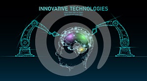 Low poly robot android brain machine learning. Innovation technology artificial intelligence human cyborg smart data