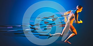 Low poly runner with small traingle on blue background. Speed, run, technology concept. 3D illustration