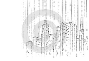 Low poly smart city 3D wire mesh. Intelligent building automation system business concept. Binary code number data flow