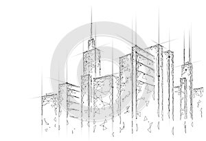 Low poly smart city 3D wire mesh. Intelligent building automation system business concept. Web online computer