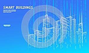 Low poly smart city 3D wire mesh. Intelligent building automation system business concept. Web online computer