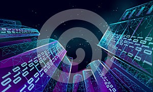 Low poly smart city 3D wire mesh. Intelligent building automation system business concept. Binary code number data flow