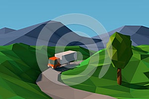 Low poly style landscape with truck on the road