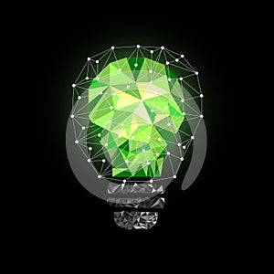 Low Poly Style Light green bulb. Vector abstract Illustration on black background