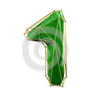 Low poly style number 1. Green and gold color isolated on white background. 3d