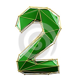 Low poly style number 2. Green and gold color isolated on white background. 3d