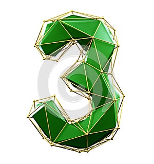 Low poly style number 3. Green and gold color isolated on white background. 3d