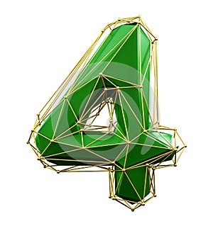 Low poly style number 4. Green and gold color isolated on white background. 3d