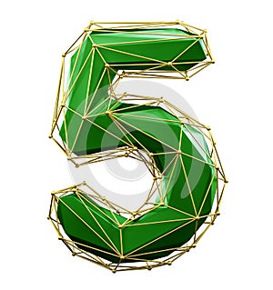 Low poly style number 5. Green and gold color isolated on white background. 3d
