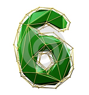 Low poly style number 6. Green and gold color isolated on white background. 3d