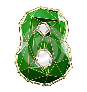 Low poly style number 8. Green and gold color isolated on white background. 3d