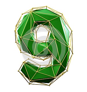 Low poly style number 9. Green and gold color isolated on white background. 3d