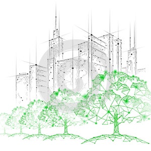 Low poly tree park cityscape. Ecology save nature concept. Eco idea forest in urban skyscrape city. Environmental