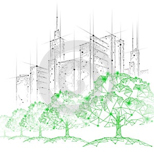 Low poly tree park cityscape. Ecology save nature concept. Eco idea forest in urban skyscrape city. Environmental photo