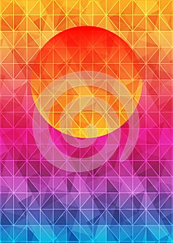 Low poly triangle geometrical background with sun over sunset. Multicolor polygonal vector illustration, which consist of triangle