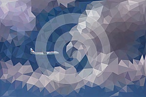 Low poly vector illustration of dramatic sky, clouds and a plane