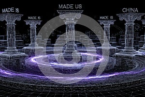 Low poly wireframe pillars surrounded by glowing futuristic structures