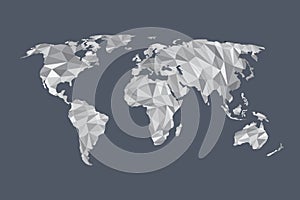 Low poly world map vector of white color geometric shapes or triangles on black background