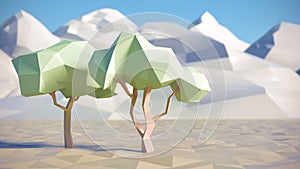 Low polygon 3D trees and mountains in summer
