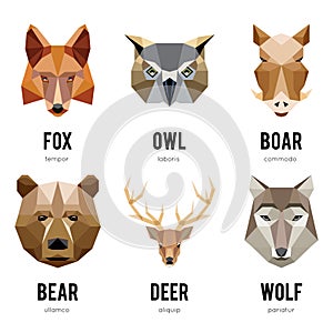 Low polygon animal logos. Triangular geometric animals logo set