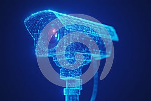 A low polygon CCTV security camera wireframe mesh on a blue background. Generative AI.