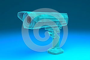 A low polygon CCTV security camera wireframe mesh on a blue background. Generative AI.
