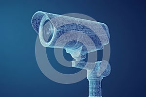 A low polygon CCTV security camera wireframe mesh on a blue background. Generative AI.