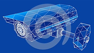 Low polygon CCTV security camera wireframe mesh on blue background