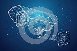 A low polygon CCTV security camera wireframe mesh displayed on a blue background - generated by ai