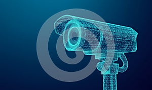 A low polygon CCTV security camera wireframe mesh displayed on a blue background