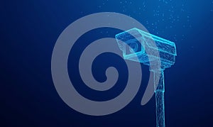 A low polygon CCTV security camera wireframe mesh displayed on a blue background