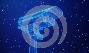 A low polygon CCTV security camera wireframe mesh displayed on a blue background