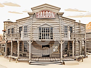 Low polygon Illustration toon style of a western town Saloon with various buildings.