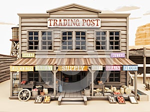 Low polygon Illustration toon style of a western town Trading Post with various groceries and goods. 3d rendering