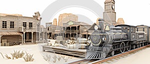 Low polygon Illustration toon style of a western town train station with various businesses.