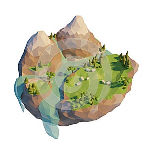 Low polygonal geometric wild nature in mountains. Sheeps in field near river on island. Abstract 3d Illustration, low poly style