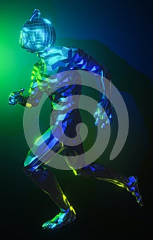 Low polygonal metal robot running on blue and green background. Technology, future, speed concept. 3D illustration