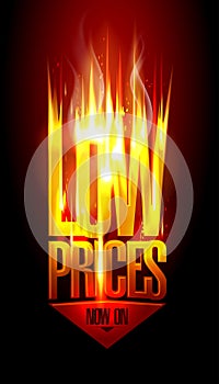 Low prices now on, hot fiery sale vector design with arrow move down.