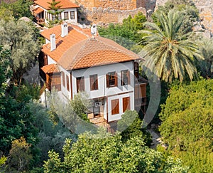 Low-rise houses among vegetation and palm trees near the Kyzyl Kule fortress in Alanya