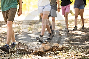 Low section of friends walking on field