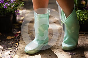 Low section of girl wearing green rubber boot standing on footpath