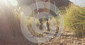 Low section of mixed race man with prosthetic leg hiking in nature