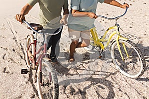 Low section of multiracial senior couple wheeling bikes on sand at beach during sunny day